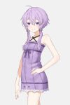  1girl breasts colored_eyelashes criss-cross_halter dress grin hair_ornament halterneck hand_on_own_hip highres kirima_(zs_at_) looking_at_viewer purple_eyes purple_hair short_dress short_hair_with_long_locks small_breasts smile solo sweat vocaloid voiceroid yuzuki_yukari 
