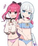  2girls :d baobhan_sith_(fate) baobhan_sith_(jade_hairpin)_(fate) bare_shoulders bikini blue_bikini blue_eyes blush cernunnos_(fate) closed_mouth fang fate/grand_order fate_(series) grey_eyes hair_ribbon holding holding_stuffed_toy looking_at_viewer morgan_le_fay_(fate) morgan_le_fay_(jade_hairpin)_(fate) mother_and_daughter multiple_girls navel open_mouth pink_bikini pink_hair pointy_ears ponytail rabiiandrain ribbon sidelocks smile stuffed_toy swimsuit v white_background white_hair 