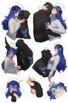  1girl 1other :3 :d absurdres arknights black_gloves blue_eyes blue_hair blush_stickers couple doctor_(arknights) flying_sweatdrops gloves halo heart highres hood hooded_jacket horns hug jacket mask mostima_(arknights) najashi open_mouth simple_background smile white_background 