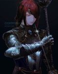  1girl armor blue_gemstone braid breastplate closed_mouth commission copyright_request eyepatch gauntlets gem glint highres holding holding_weapon keibleh long_hair one_eye_covered red_eyes red_gemstone red_hair solo upper_body watermark weapon 