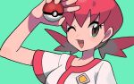  1girl ;d brown_eyes commentary_request eyelashes green_background happy holding holding_poke_ball long_hair one_eye_closed open_mouth pink_hair poke_ball pokemon pokemon_gsc shirt short_sleeves simple_background smile solo twintails tyako_089 upper_body white_shirt whitney_(pokemon) 