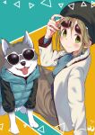  1girl absurdres adjusting_eyewear animal arm_support blush brown_hair cereal_(cerealoekaki) clothed_animal coat dog fang fur-trimmed_coat fur_trim green_eyes highres inuyama_aoi ribbed_sweater sitting skin_fang smile sunglasses sweater thick_eyebrows white_coat yurucamp 