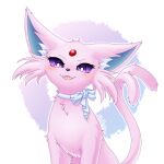 blush eeveelution espeon female feral fluffy_hinu forehead_gem forked_tail fur gem generation_2_pokemon hi_res looking_at_viewer nintendo open_mouth pink_body pink_fur pokemon pokemon_(species) purple_eyes ribbon_restrained simple_background solo tail unusual_anatomy unusual_tail