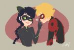  1boy 1girl adrien_agreste animal_ears ann_e7s black_bodysuit black_mask blonde_hair blue_hair bodysuit cat_ears cat_girl closed_mouth green_eyes grey_background heart lady_noir long_hair looking_at_another marinette_dupain-cheng miraculous_ladybug misterbug_(character) polka_dot red_bodysuit red_mask simple_background slit_pupils smile superhero_costume upper_body 