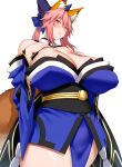  1girl absurdres animal_ear_fluff animal_ears arind_yudha bare_shoulders blush breasts fate/extra fate_(series) fox_ears fox_girl fox_tail hair_ornament hands_on_own_chest highres huge_breasts japanese_clothes long_hair off_shoulder parted_lips pelvic_curtain pink_hair simple_background solo tail tamamo_(fate) tamamo_no_mae_(fate/extra) white_background yellow_eyes 