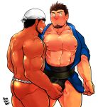  2boys abs ass bara bare_pectorals beard_stubble breath brown_hair cowboy_shot crotch_grab facial_hair fundoshi goatee grin happi head_scarf higemorigen highres huge_eyebrows japanese_clothes large_pectorals male_focus multiple_boys muscular muscular_male nipples original pectorals seductive_smile short_hair sideways_mouth smile standing stomach stubble tareme thick_eyebrows thick_thighs thighs topless_male wide-eyed yaoi 