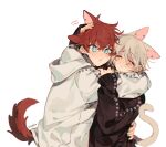  2boys amagi_hiiro animal_ears black_sweater blonde_hair blue_eyes blush cat_ears cat_tail cheek-to-cheek closed_eyes closed_mouth dog_ears dog_tail ensemble_stars! hand_up heads_together hood hood_down jacket looking_at_viewer multiple_boys open_mouth petting red_hair sapphire_(nine) shiratori_aira_(ensemble_stars!) simple_background sweater tail white_background white_jacket 