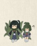  2others adagumo_no_saragimaru adagumo_no_yaorochi androgynous baila_kuangzi black_hair black_sleeves blue_hakama blue_shirt blue_shorts capelet chibi coat green_capelet green_coat green_hair green_scarf hakama hakama_skirt highres japanese_clothes len&#039;en long_hair long_sleeves multiple_others multiple_tails no_mouth no_nose open_clothes open_coat other_focus purple_trim red_eyes scarf shirt short_hair shorts siblings side_ponytail skirt sleeveless sleeveless_coat snake_tail socks split_ponytail tail translation_request white_socks 