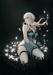  1girl bandaged_leg bandaged_neck bandages blue_negligee braid breasts flower flower_bed hair_flower hair_ornament kaine_(nier) kneeling long_hair lunar_tear nagu negligee nier nier_(series) simple_background solo white_hair 