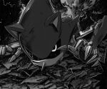  1boy absurdres by_almaz commentary english_commentary greyscale highres injury lying male_focus metal_sonic monochrome non-humanoid_robot on_ground on_stomach robot robot_animal solo 