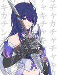  12_locus 1girl acheron_(honkai:_star_rail) armor bandaged_arm bandages black_gloves closed_mouth coat detached_sleeves elbow_gloves gloves hair_ornament hair_over_one_eye highres holding holding_sheath holding_sword holding_weapon honkai:_star_rail honkai_(series) katana looking_ahead midriff navel purple_eyes purple_hair sheath sheathing shoulder_armor single_bare_shoulder single_elbow_glove solo sword translation_request unsheathing upper_body weapon white_coat 