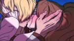  1boy 1girl absurdres blonde_hair blush brown_hair charlotte_pudding closed_eyes couple crying facial_hair full-face_blush hair_over_one_eye hand_on_another&#039;s_face hetero highres jacket juliet_sleeves kiss long_hair long_sleeves one_piece open_clothes pink_sweater puffy_sleeves rita_ya sanji_(one_piece) shirt short_hair sweater tears third_eye twintails 