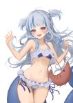  1girl absurdres alternate_costume bikini blue_bikini blue_eyes blue_hair blunt_bangs blush character_bag ebi-chan_(gawr_gura) fins fish_tail frilled_bikini frills gawr_gura grey_hair groin hair_ornament highres hololive hololive_english layered_bikini long_hair looking_at_viewer lowleg lowleg_bikini midriff mishiya_(misiya_dream) multicolored_hair navel otoko_no_ko petite shark_girl shark_hair_ornament shark_tail sharp_teeth side-tie_bikini_bottom simple_background smile solo stomach streaked_hair striped_bikini striped_clothes swimsuit tail teeth thigh_gap two_side_up vertical-striped_bikini vertical-striped_clothes virtual_youtuber w_arms waving white_background white_bikini 