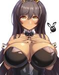  1girl animal_ears bare_shoulders black_bow black_bowtie black_leotard black_nails bow bowtie breasts brown_hair cleavage closed_mouth collarbone commentary_request dark-skinned_female dark_skin detached_collar fake_animal_ears goddess_of_victory:_nikke hair_between_eyes hands_on_own_chest highres large_breasts leotard long_hair looking_at_viewer luupechi noir_(nikke) playboy_bunny rabbit_ears sidelocks simple_background solo strapless strapless_leotard upper_body white_background wrist_cuffs yellow_eyes 