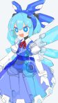  1girl absurdres android arms_at_sides artist_name blue_eyes blue_hair blue_shirt blue_skirt blush_stickers bob_cut bright_pupils cheri_zao cirno collared_shirt commentary crystal_wings feet_out_of_frame glowing glowing_eyes headgear highres joints layered_shirt looking_ahead mechanical_wings mechanization neck_ribbon open_mouth puffy_short_sleeves puffy_sleeves red_ribbon revision ribbon ringed_eyes robot_joints see-through see-through_shirt see-through_skirt shirt short_hair short_sleeves skirt smile solo standing touhou v-shaped_eyebrows white_background white_pupils white_shirt wings 