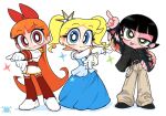  3girls black_hair blonde_hair blossom_(ppg) blue_eyes bubbles_(ppg) buttercup_(ppg) child full_body gloves green_eyes highres kim_crab long_hair long_sleeves looking_at_viewer multiple_girls orange_hair outstretched_arm pants powerpuff_girls red_eyes red_hair simple_background smile standing tongue tongue_out white_background white_gloves 