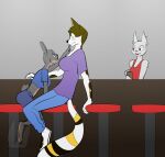 anthro bar bar_stool black_nose blue_eyes blush bottomwear brown_body brown_fur brown_nose canid canine canis clothed clothing confusion ear_piercing feet felid feline fingers fur furniture green_eyes grey_body grey_fur grey_nose hi_res imminent_death imminent_vore inside lagomorph leporid mammal multicolored_body multicolored_fur open_mouth pants piercing pink_tongue rabbit rabbitinafoxden red_eyes shirt shorts stool story story_in_description tail toes tongue topwear white_body white_fur willing_prey wolf