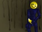 balls blue_body bodily_fluids creepy cutiecub dripping genital_fluids genitals grabbing_genitals head_tilt hi_res humanoid jaoba_(regretevator) looking_at_viewer male masturbation penis penis_grab precum precum_drip regretevator roblox shadow simple_background smile smiley_face solo solo_focus tall wet wet_hands yellow_head yellow_penis