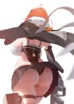  1girl ass ass_focus black_leotard breasts check_copyright copyright_request from_behind gloves gun highres holding holding_gun holding_weapon large_breasts leotard orange_hair original simple_background solo thigh_strap thighs weapon white_background xiujia_yihuizi 