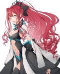  1girl ameshiki baobhan_sith_(fate) black_dress breasts cleavage clothing_cutout collar cosplay dress fate/grand_order fate_(series) grey_eyes hair_ribbon highres long_hair looking_at_viewer morgan_le_fay_(fate) morgan_le_fay_(fate)_(cosplay) navel navel_cutout parted_lips pink_hair pointy_ears ponytail ribbon sidelocks solo spiked_collar spikes stomach_tattoo tattoo two-tone_dress white_dress wide_sleeves 