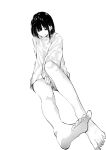  1girl barefoot black_eyes black_hair blunt_bangs bottomless feet hair_between_eyes highres looking_at_viewer original partially_visible_vulva sawada_kou shirt simple_background sitting soles tongue white_background white_shirt 