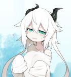  1girl black_horns blue_background blurry blurry_background blush breasts commentary_request flying_sweatdrops green_eyes hair_between_eyes hands_up horns kisaragi_kaya large_breasts long_hair long_sleeves looking_at_viewer open_mouth original shirt short_hair_with_long_locks single_bare_shoulder sleeves_past_fingers sleeves_past_wrists slit_pupils solo syrgoth_(kisaragi_kaya) upper_body very_long_hair white_background white_hair white_shirt 