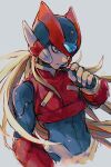  1boy android blonde_hair commentary_request crop_top fumfum491 helmet highres long_hair male_focus mega_man_(series) mega_man_zero_(series) simple_background solo toned toned_male zero(z)_(mega_man) zero_(mega_man) 