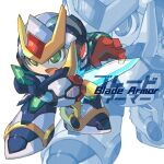  1boy android arm_cannon english_commentary english_text green_eyes helmet highres iikoao male_focus mega_man_(series) mega_man_x6 mega_man_x_(series) mixed-language_commentary solo sword weapon x_(mega_man) 