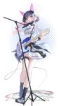  1girl absurdres amejaga animal_ears bass_guitar belt black_choker black_hair black_jacket black_mask blue_archive cat_ears choker clothes_around_waist colored_inner_hair electric_guitar extra_ears full_body guitar halo highres holding holding_guitar holding_instrument holding_microphone_stand instrument jacket jacket_around_waist kazusa_(band)_(blue_archive) kazusa_(blue_archive) looking_at_viewer mask mask_pull microphone microphone_stand mouth_mask multicolored_hair official_alternate_costume pink_halo pleated_skirt red_eyes shirt skirt smile solo standing surgical_mask thigh_belt thigh_strap white_shirt white_skirt 