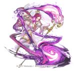  1girl bare_shoulders braid breasts cleavage curvy earrings fire_emblem fire_emblem_heroes full_body holding holding_staff jewelry large_breasts loki_(fire_emblem) long_hair looking_at_viewer maeshima_shigeki mage_staff magic official_alternate_costume official_art purple_eyes purple_hair smile staff thighhighs thighs veil 