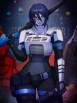  1girl absurdres android armor belt blood blue_eyes cyberpunk double-barreled_rifle elster_(signalis) highres joints looking_at_viewer mechanical_parts metal_skin robot_girl robot_joints science_fiction short_hair signalis solo xuuikie_ashe 