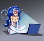 animal_humanoid breasts capcom claws computer darkstalkers electronics felicia_(darkstalkers) felid felid_humanoid feline feline_humanoid female hair hi_res humanoid laptop long_hair mammal mammal_humanoid open_mouth open_smile simple_background sitting smile solo stickiezblue tan_body tan_skin