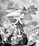  1boy 1girl blaze_the_cat blush chaos_emerald commentary crying english_commentary fire furry furry_female furry_male gloves greyscale highres hug monochrome scruffyart silver_the_hedgehog sonic_(series) tail 