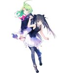  2girls ahoge arcaea bare_shoulders black_bow black_hair black_shirt blue_eyes blunt_bangs boots bow bowtie cierra_(ra-bit) closed_mouth cross cross-shaped_pupils full_body green_hair hair_bow hand_on_own_knee hand_up highres holding_hands long_hair long_sleeves looking_at_viewer multiple_girls official_art pantyhose pleated_skirt red_bow shirt simple_background skirt sleeveless sleeveless_shirt smile symbol-shaped_pupils tairitsu_(arcaea) tone_sphere trin_(tone_sphere) twintails white_footwear white_skirt 
