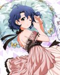  1girl antenna_hair bare_shoulders blue_hair bracelet breasts brown_eyes closed_mouth detached_sleeves dot_nose eyelashes floral_print frilled_negligee frilled_pillow frills idolmaster idolmaster_million_live! idolmaster_million_live!_theater_days jewelry large_breasts light_blush light_smile looking_at_viewer lying official_art on_side one_eye_closed pillow pink_negligee puffy_detached_sleeves puffy_sleeves ribbon-trimmed_sleeves ribbon_trim rose_print short_hair sidelocks solo toyokawa_fuka wavy_hair 