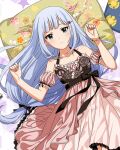  1girl aqua_eyes bare_shoulders blue_hair blunt_bangs blush bracelet breasts closed_mouth collarbone detached_sleeves dot_nose eyelashes floral_print frilled_negligee frills hair_ornament hair_ribbon hairpin halterneck idolmaster idolmaster_million_live! idolmaster_million_live!_theater_days jewelry layered_nightgown light_smile looking_at_viewer lying official_alternate_costume official_art on_back pillow pink_negligee puffy_detached_sleeves puffy_sleeves ribbon ribbon-trimmed_sleeves ribbon_trim rose_print sexy_beautiful_(idolmaster) shiraishi_tsumugi sidelocks small_breasts solo straight_hair 