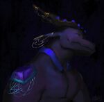 2024 absurd_res anthro black_background bust_portrait digital_media_(artwork) digital_painting_(artwork) dragon eyes_closed hi_res horn jewelry male male/male mythological_creature mythological_scalie mythology nous nous_(nous) pecs portrait scalie shaded simple_background smile soft_shading solo