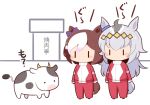  ._. 2girls animal animal_ears blush_stickers bow brown_hair chibi cow ear_bow gomashio_(goma_feet) grey_hair horse_ears horse_girl horse_tail jacket long_hair multicolored_hair multiple_girls oguri_cap_(umamusume) pants purple_bow red_jacket red_pants special_week_(umamusume) standing tail track_jacket track_pants track_suit translation_request two-tone_hair umamusume very_long_hair white_background white_hair |_| 