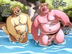 2024 absurd_res anthro anthro_on_anthro areola balls beach belly big_belly big_moobs blurred_background blush bouncing_penis canid canine canis dialogue domestic_dog domestic_pig duo emanata english_text erection eyebrows facial_hair foreskin fur genitals hair hi_res kamudragon male male/male mammal moobs motion_lines navel nipples nude open_mouth open_smile outside overweight overweight_anthro overweight_male partially_submerged penis plant pubes sand skinny_dipping smile sound_effects standing stubble suid suina sus_(pig) teeth text thick_thighs tongue tree tuft url walking water