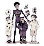  4boys afro aged_down arrow_(symbol) bodysuit child clawed_gauntlets dark-skinned_male dark_skin dreadlocks english_text frown hair_slicked_back holding_hands hugging_another&#039;s_leg inset jacket jonathan_ohnn lab_coat male_focus marvel miles_g._morales miles_morales mozu_suka multiple_boys prowler_(marvel) smile sparkle sparkling_eyes spider-man:_across_the_spider-verse spider-man_(2099) spider-man_(series) spider-verse spot_(marvel) sweatdrop thick_eyebrows two-tone_bodysuit undercut 