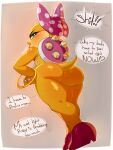 2024 3:4 absurd_res anthro big_butt blue_eyes blush bodily_fluids border bracelet butt claws clothing dialogue english_text eyelashes female footwear gold_(metal) gold_bracelet gold_jewelry grey_background half-closed_eyes hi_res high_heels jewelry koopa koopaling looking_at_viewer looking_back looking_back_at_viewer low-angle_view mario_bros narrowed_eyes nintendo nude pink_bow red_clothing red_footwear red_high_heels scales scalie shell short_tail simple_background solo speech_bubble spiked_shell spikes spikes_(anatomy) standing sweat tail text wendy_o._koopa white_border wrist_on_hip yellow_body yellow_scales zexlynk