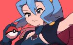  1girl black_cape blue_bodysuit blue_gloves blue_hair bodysuit cape clair_(pokemon) closed_mouth commentary_request earrings eyelashes frown gloves grey_eyes hair_between_eyes hand_up holding holding_poke_ball jewelry long_hair outstretched_arm pink_background poke_ball poke_ball_(basic) pokemon pokemon_gsc simple_background solo split_mouth tyako_089 