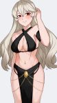  1girl absurdres adjusting_hair alternate_costume breasts chain cleavage corrin_(female)_(fire_emblem) corrin_(fire_emblem) fire_emblem fire_emblem_fates gold_chain grey_hair highres kgctcg long_hair looking_at_viewer medium_breasts meme_attire navel pelvic_curtain pointy_ears red_eyes smile solo teeth white_background yomorio_lingerie 