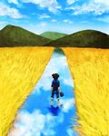  1boy barefoot black_hair cloud from_behind ghost_shop_(ot-nm) hat jacket male male_focus nature original ot-nm scenery short_hair sky solo standing toma_(ot-nm) water 