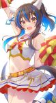  1girl animal_ears belt blue_hair brown_hair commentary_request cosplay crop_top daitaku_helios_(umamusume) ear_covers fang full_body highres holding holding_pom_poms horse_ears horse_girl horse_tail looking_at_viewer midriff multicolored_hair navel nice_nature_(run&amp;win)_(umamusume) nice_nature_(umamusume) nice_nature_(umamusume)_(cosplay) one_eye_closed open_mouth pom_pom_(cheerleading) sailor_collar shirt side_ponytail skin_fang skirt smile solo standing standing_on_one_leg star_(symbol) tail two-tone_hair ugura_(ugurax) umamusume white_background white_shirt yellow_eyes 