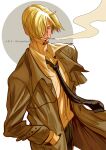  1boy absurdres black_necktie black_pants blonde_hair blush brown_coat cigarette coat collared_shirt curly_eyebrows facial_hair hair_over_one_eye hand_in_pocket highres long_sleeves male_focus necktie one_piece pants rita_ya sanji_(one_piece) shirt short_hair smile smoke smoking solo standing trench_coat twitter_username white_shirt 