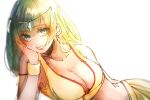  1girl bare_shoulders bracelet breasts cleavage commentary_request earrings ganesha_(vocaloid) green_eyes green_hair grin gumi hand_on_own_face head_rest jewelry lips looking_at_viewer lying medium_breasts medium_hair midriff smile solo suama_(suama-333) tagme vocaloid 