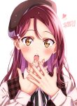  1girl :o beret black_ribbon blush bow commentary_request fingernails hair_bow hair_ornament hat heart highres long_hair looking_at_viewer love_live! love_live!_sunshine!! ojyomu open_mouth pink_nails plaid red_hair ribbon sakurauchi_riko shirt simple_background solo teeth translation_request vest white_background yellow_eyes 
