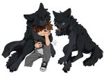  2boys animal_ears artist_name black_footwear black_fur black_hair blue_eyes body_fur brown_eyes brown_hair child closed_mouth deviidog0 english_commentary full_body furry furry_male grey_pants grey_shirt hand_up highres holding holding_phone hug invisible_chair licking male_focus multiple_boys multiple_views one_eye_closed original pants phone shirt shoes short_hair short_sleeves simple_background sitting smile sneakers t-shirt tail twitter_username werewolf white_background wolf_boy wolf_ears wolf_tail 