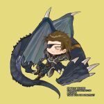  1boy armor brown_hair chibi chibi_only closed_eyes closed_mouth commentary dragon english_commentary english_text eyepatch fire_emblem fire_emblem:_path_of_radiance full_body greaves haar_(fire_emblem) highres horns male_focus nyawn5 sharp_teeth short_hair simple_background sitting sleeping solo tail teeth wyvern yellow_background 
